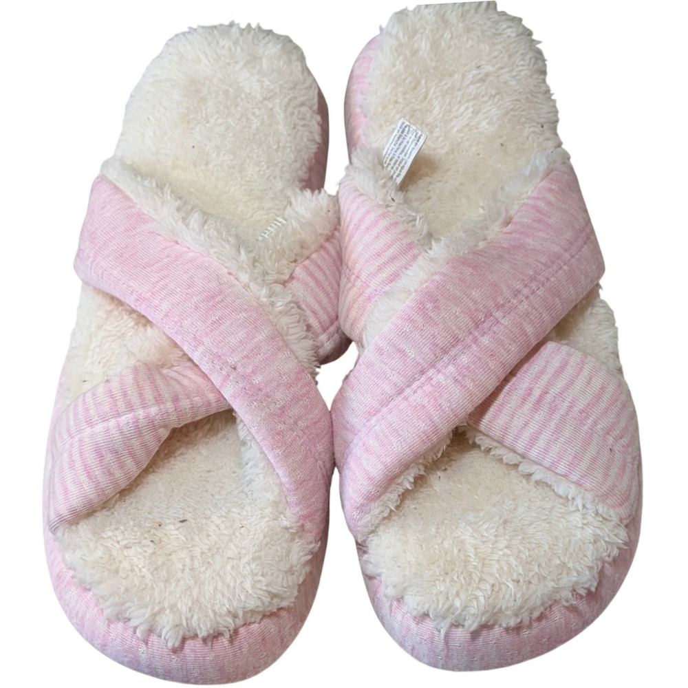 Dearfoams Slippers Womens XL 11-12 Pink Striped Faux Fur Cross Band Slide Cozy